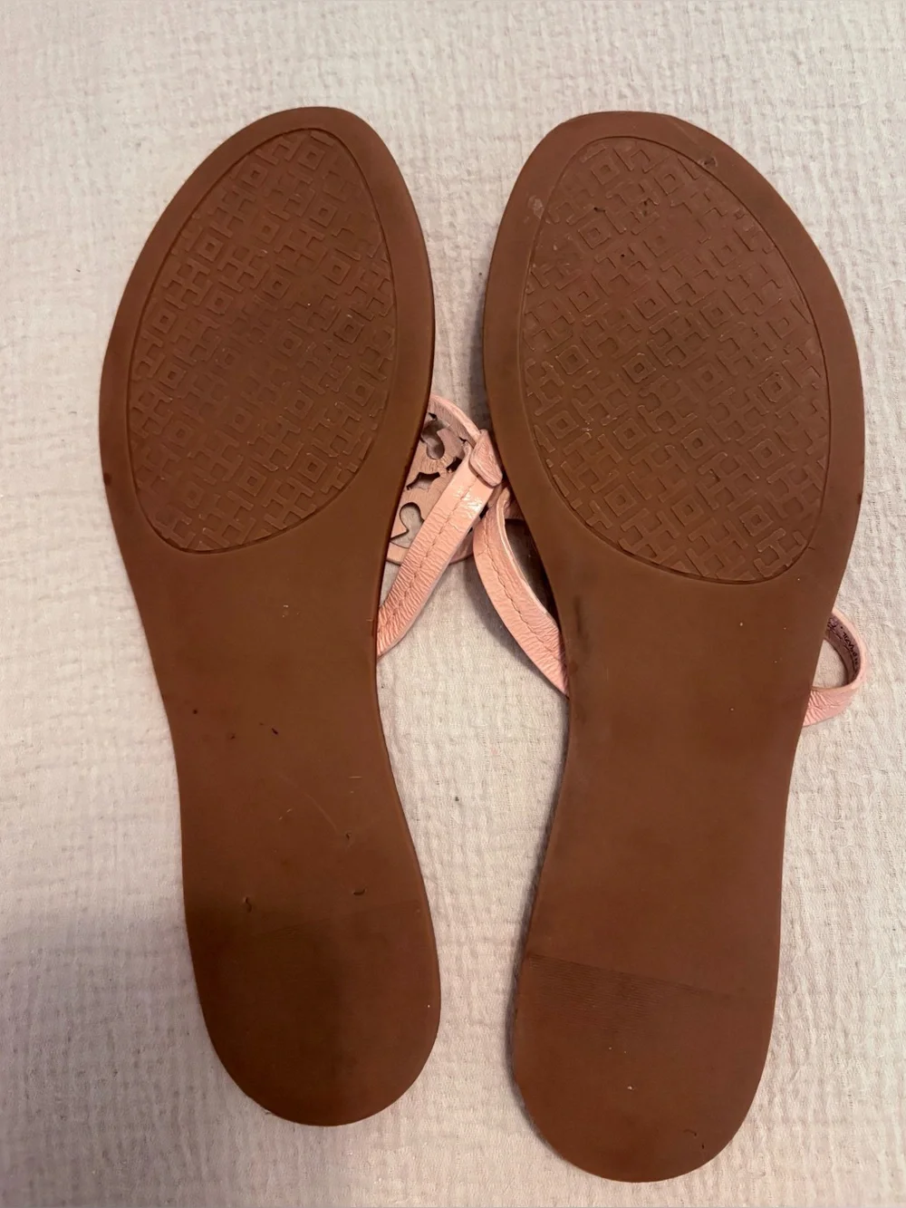Tory Burch Pink and Brown Leather Logo Thong Sandals